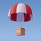 Brown parcel cardboard box with parachute, online delivery service or shipping and global logistic concept, quick and fast cargo