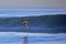 Brown pelican gliding over a wave