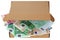 A brown pizza box with Euro banknotes