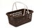 A brown plastic basket with metallic silver painted carrying handles