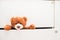 Brown plush toy Teddy bear crawling out of chest of white drawers