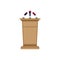 Brown podium with microphones. Wooden for conference and interview. Flat vector illustration EPS 10