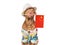 Brown puppy, sun hat and China Flag