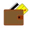 Brown purse with the button and two credit cards are bank white and yellow on a white background