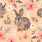 Brown rabbit with pink hibiscus on peach background.