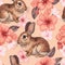 Brown rabbit with pink hibiscus on peach background.