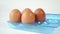 Brown raw eggs in plastic packaging. Close-up of four chicken eggs on a blue stand.