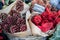 Brown and red cones with sparkles in wicker baskets on a flower shop counter. HOME FESTIVE DECORATIONS for the Christmas New Year