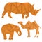 Brown rhinoceros, elephant and camel. Polygonal vector illustration