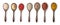 Brown rice, brown sugar, red pepper, mixed raw quinoa, white beans, red quinoa, passion fruit in wood spoon isolated on white