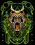 Brown Robotic wolf roaring with sacred geometry background