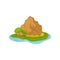 Brown rocky mountain and green plants. Small island surrounded by water. Natural landscape. Flat vector design