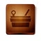 Brown Sauna bucket and ladle icon isolated on white background. Wooden square button. Vector