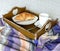 Brown Serving bed Tray with food and coffee - shabby chic