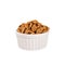 Brown sliced rye bread as croutons in white ceramics bowl isolated on white background.