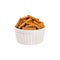 Brown sliced rye bread sticks as croutons in white ceramics bowl isolated on white background.