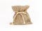 Brown small burlap bag with rope on white background