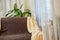 A brown sofa with beige capes in a living room with a flower and a window with curtains. Interior and Home decor