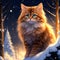 Brown-Spotted Siberian Cat: The Wizard Fantasy Anime, 90s Style, Snow Forest Moon Night