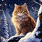 Brown-Spotted Siberian Cat: The Wizard Fantasy Anime, 90s Style, Snow Forest Moon Night