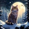 Brown-Spotted Siberian Cat: The Wizard Fantasy Anime, 90s Style, Snow Forest Moon Night