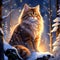 Brown-Spotted Siberian Cat: The Wizard Fantasy Anime, 90s Style, Snow Forest Moon Night