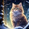 Brown-Spotted Siberian Cat: The Wizard Fantasy Anime, 90s Style, Snow Forest Moon Night