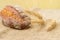 Brown sprouted bread and wheat ears on sackcloth closeup