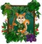 Brown Squirrel In Forest With Tropical Plant Flower In Wood Square Frame Cartoon