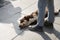 Brown stray dog lies at the young man\'s feet