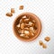 Brown sugar crystals in ceramic bowl, raw cane sugar top view