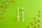 Brown sugar cubes on greenery background with two white teaspoons in the middle. Top view. Copy space for text