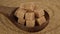 Brown sugar cubes in wooden spoon and sugar on background