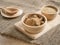 Brown sugar and wheat germ in wooden bowl