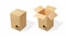 Brown tall cardboard opened and closed box. Realistic vector illustration for moving service or warehouse design.