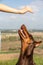 A brown and tan Doberman Dobermann dog reaches for a hand with a treat in a blurry natural background. Vertical