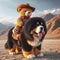 Brown teddy bear in cowboy hat riding large brown and black dog, dog is standing on sandy surface, mountains in background.