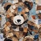 a brown teddy bear made of torn newspaper pieces sits next to blue and green paper