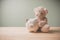 A brown teddy bear sitting on an old wooden table with a white pig piggy banks copy space. Concept saving banking for the future,