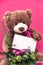 Brown teddy bear toy, flowers and greeting card