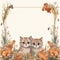 Brown themed flower frame with 2 cute smiling cats, AI Generated