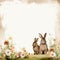 Brown themed frame with lots of flowers and 1 cute rabbit, AI Generated