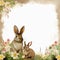 Brown themed frame with lots of flowers and 2 cute rabbit, AI Generated