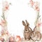 Brown themed frame with lots of flowers and 2 cute rabbit, AI Generated