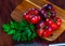 Brown tomatoes on wooden desk in home kitchen