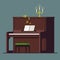 Brown upright piano with notes and candlesticks. romantic evening to the classical music.