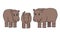 Brown vector outline cartoon set of three hippos stand on the ground. Two Oxpecker birds are on the back of hippopotamus. Doodle