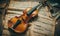 A brown violin sits on top of a sheet of music.