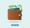 Brown wallet full of green dollars vector illlustration