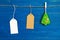 Brown and white blank paper price tags or labels set and Christmas felt decoration hanging on a rope on the blue background